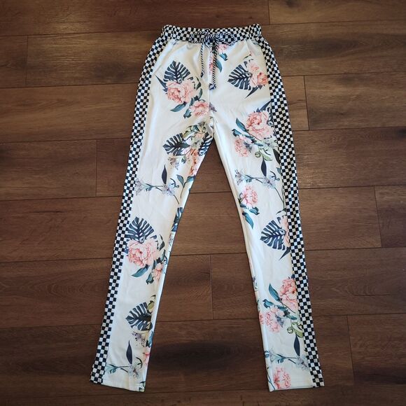 Floral Checkered Stripe Elastic Waist Pants Pull On Pockets Hot & Delicious NEW - Picture 15 of 15